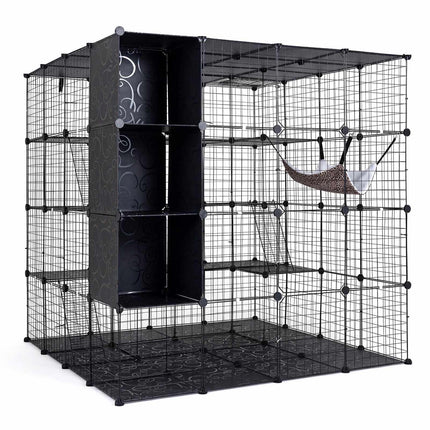 Modulārs XXL kaķu nožogojums ar šūpuļtīklu, melns, 144x144x142 cm