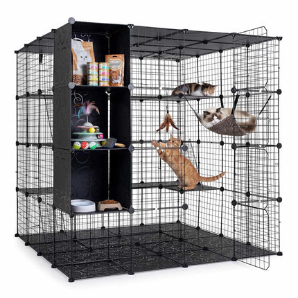 Modulārs XXL kaķu nožogojums ar šūpuļtīklu, melns, 144x144x142 cm