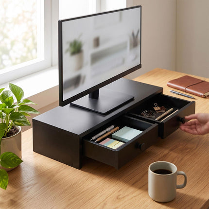 Monitora pacēlājs ar 2 atvilktnēm, melns MDF, 47 cm