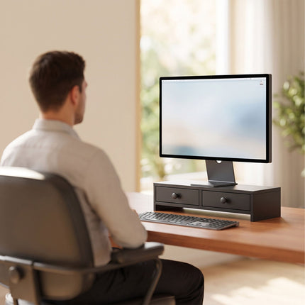 Monitora pacēlājs ar 2 atvilktnēm, melns MDF, 47 cm