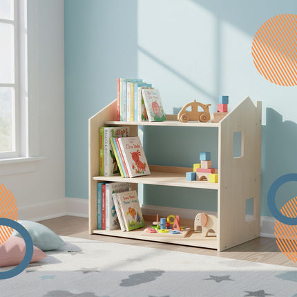 Montessori bērnu grāmatu skapis, mājas formas plaukts
