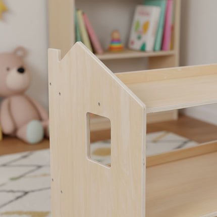 Montessori bērnu grāmatu skapis, mājas formas plaukts