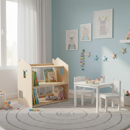 Montessori bērnu grāmatu skapis, mājas formas plaukts