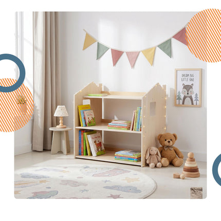 Montessori bērnu grāmatu skapis, mājas formas plaukts