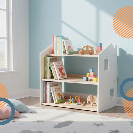 Montessori bērnu grāmatu plaukts, mājas formas plaukts, MDF