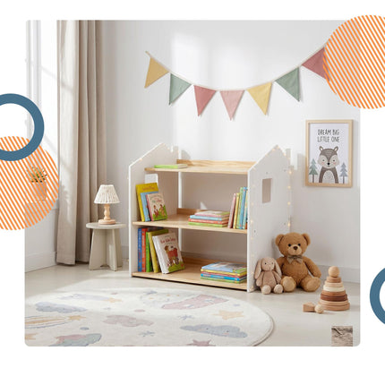 Montessori bērnu grāmatu plaukts, mājas formas plaukts, MDF