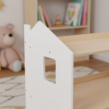 Montessori bērnu grāmatu plaukts, mājas formas plaukts, MDF