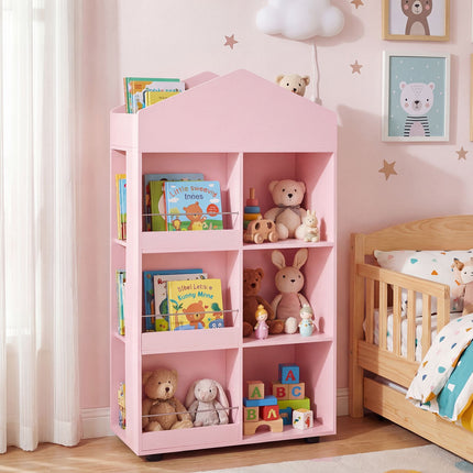 Montessori koka grāmatu plaukts un rotaļlietu glabātuve, rozā, 116 cm
