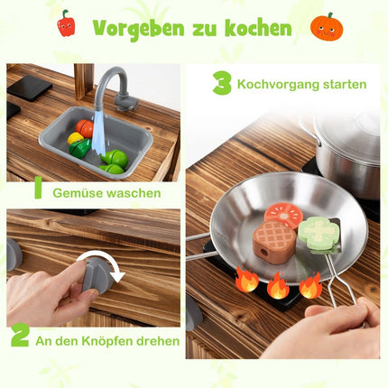 Dubļu virtuve bērniem āra bērnu virtuve no egles koka ar 4 katliem brūnā krāsā