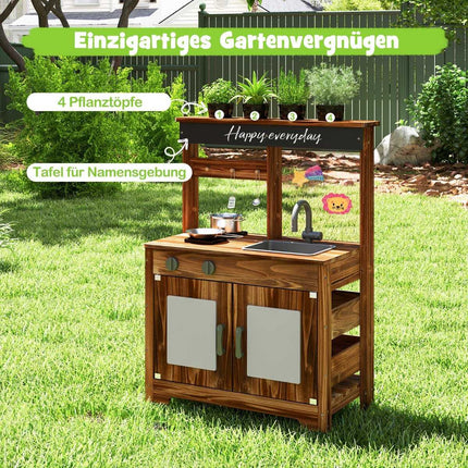 Dubļu virtuve bērniem āra bērnu virtuve no egles koka ar 4 katliem brūnā krāsā