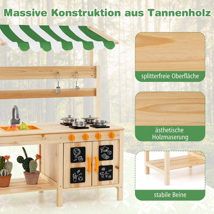 Dubļu virtuve bērnu āra bērnu virtuve no egles koka ar jumtu 88 x 39 x 117 cm dabīga