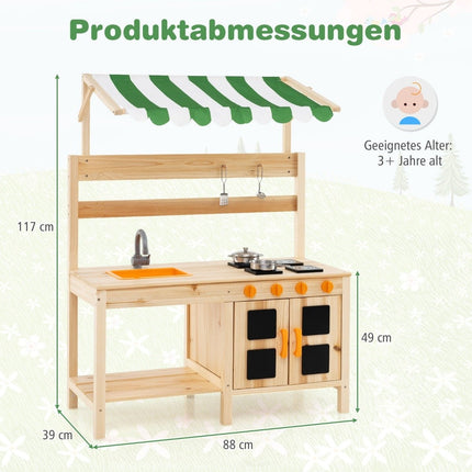 Dubļu virtuve bērnu āra bērnu virtuve no egles koka ar jumtu 88 x 39 x 117 cm dabīga