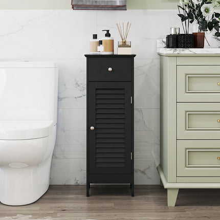 Šaurs vannas istabas uzglabāšanas skapis ar regulējamu plauktu, melns