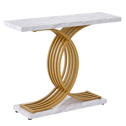 Narrow Console Table 39.4 In, Faux Marble Top, Metal Frame