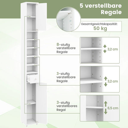 Narrow bathroom cabinet tall cabinet with 2 doors & 1 drawer 20 x 20 x 180 cm white
