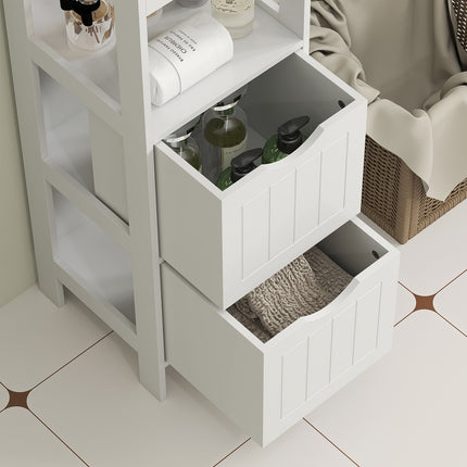 Tall narrow white bathroom cabinet, 2 drawers & shelves