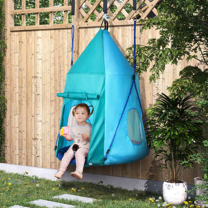 Ligzdas šūpoles ar telti, Ø100 cm dārza šūpoles, bērnu šūpoles ar logu un regulējama garuma virvēm, ūdensizturīgas līdz 150 kg, zili zaļas