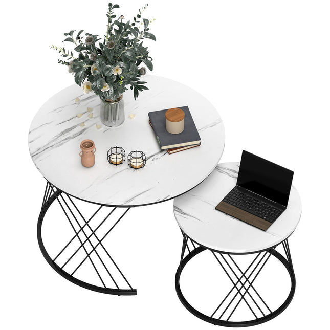 Nestable Coffee Table Set, Marble Look, White, 2-Piece