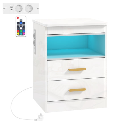 Naktsskapītis ar uzlādes staciju, RGB LED, 2 atvilktnes, spīdīgi balts
