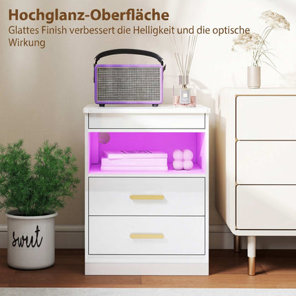 Naktsskapītis ar uzlādes staciju, RGB LED, 2 atvilktnes, spīdīgi balts