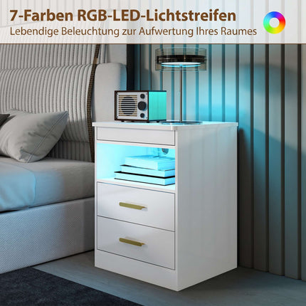 Naktsskapītis ar uzlādes staciju, RGB LED, 2 atvilktnes, spīdīgi balts