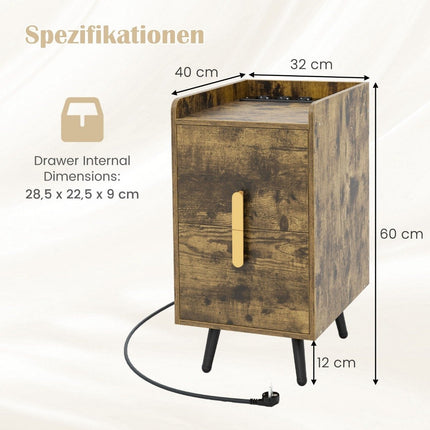 Naktsskapītis ar uzlādes staciju, 2 atvilktnes, USB porti, 40x32x60 cm