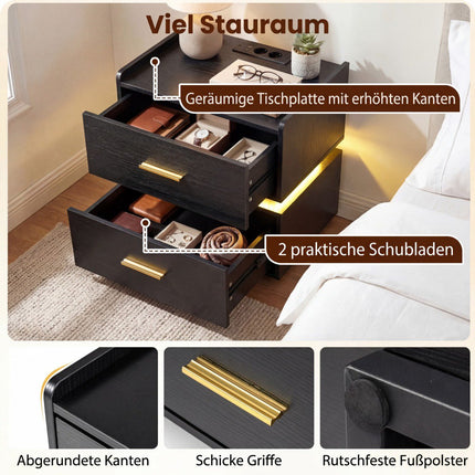 Naktsskapītis ar LED gaismām un uzlādes staciju, 2 atvilktnēm