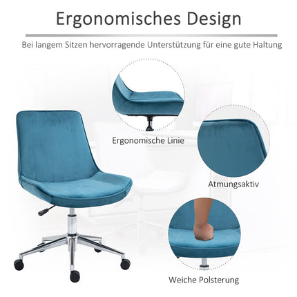Biroja krēsls, Grozāms krēsls, Regulējams Augstums, 360° Rotējams, Samta Audums, Zils, 52,5X60X82-91Cm