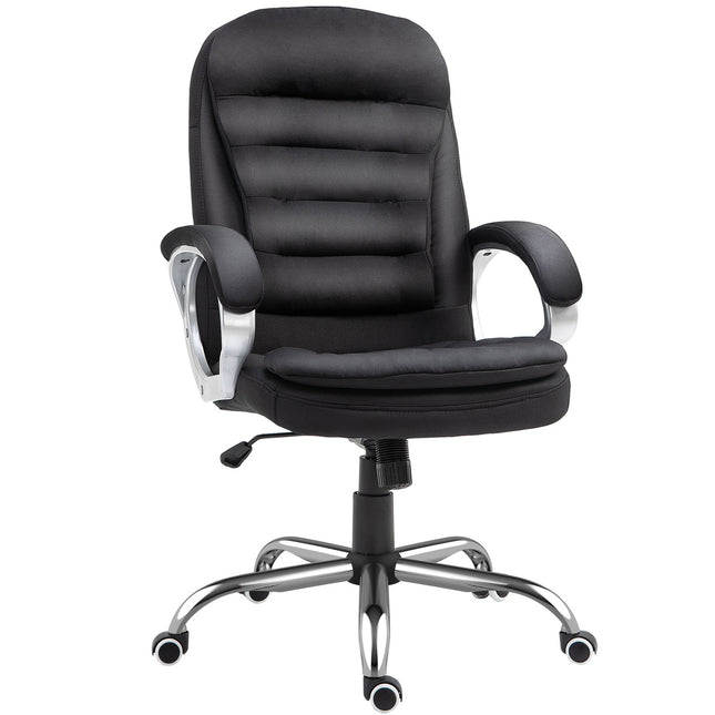 Biroja krēsls ar 360° rotāciju, ergonomisks, šūpošanās funkcija, regulējams augstums, melns lins, 64x75x111-121 cm