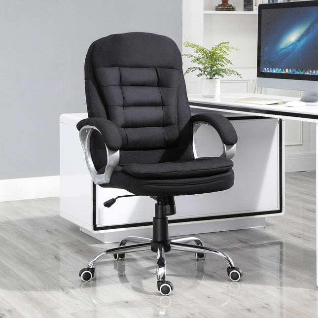 Biroja krēsls ar 360° rotāciju, ergonomisks, šūpošanās funkcija, regulējams augstums, melns lins, 64x75x111-121 cm