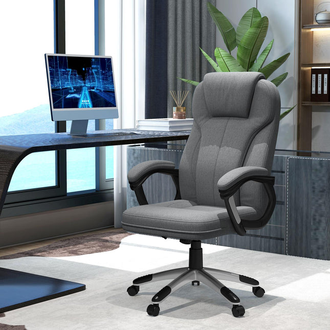 Biroja krēsls, ergonomisks datorkrēsls ar šūpošanās funkciju, regulējams augstums, galvas balsts, roku balsti, pelēks, lina imitācija, 66x75x110-120 cm