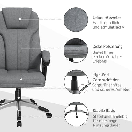 Biroja krēsls, ergonomisks datorkrēsls ar šūpošanās funkciju, regulējams augstums, galvas balsts, roku balsti, pelēks, lina imitācija, 66x75x110-120 cm