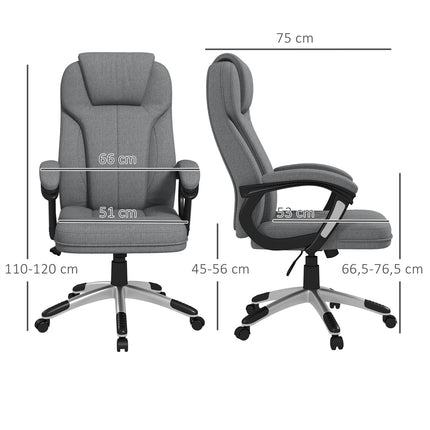 Biroja krēsls, ergonomisks datorkrēsls ar šūpošanās funkciju, regulējams augstums, galvas balsts, roku balsti, pelēks, lina imitācija, 66x75x110-120 cm