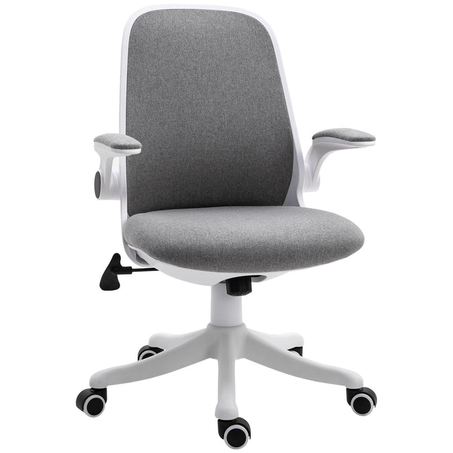 Biroja krēsls Ergonomisks rakstāmgalda krēsls ar šūpošanās funkciju, regulējams roku balsts, pelēks un balts, 62,5x60x94-104 cm