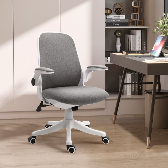 Biroja krēsls Ergonomisks rakstāmgalda krēsls ar šūpošanās funkciju, regulējams roku balsts, pelēks un balts, 62,5x60x94-104 cm