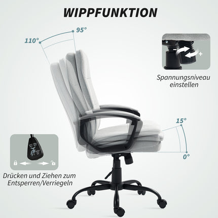 Biroja krēsls Ergonomisks rakstāmgalda krēsls ar roku balstu, augstumā regulējams grozāms krēsls ar šūpuļfunkciju, lina izskats, polsterēts datorkrēsls, pelēks