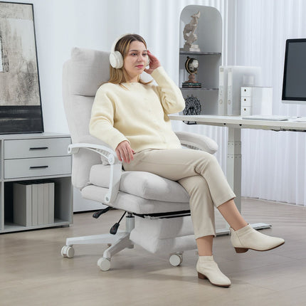Biroja krēsls Ergonomisks rakstāmgalda krēsls ar jostasvietas atbalstu, augsta atzveltne, kāju balsts, augstumā regulējams grozāms krēsls ar lina izskatu, polsterēts datorkrēsls, krēmbalts