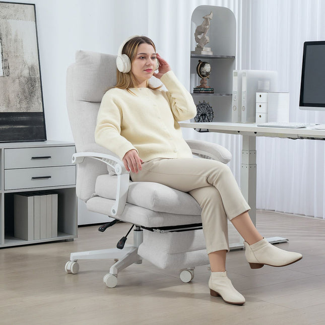 Biroja krēsls Ergonomisks rakstāmgalda krēsls ar jostasvietas atbalstu, augsta atzveltne, kāju balsts, augstumā regulējams grozāms krēsls ar lina izskatu, polsterēts datorkrēsls, krēmbalts