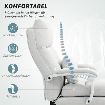 Biroja krēsls Ergonomisks rakstāmgalda krēsls ar jostasvietas atbalstu, augsta atzveltne, kāju balsts, augstumā regulējams grozāms krēsls ar lina izskatu, polsterēts datorkrēsls, krēmbalts