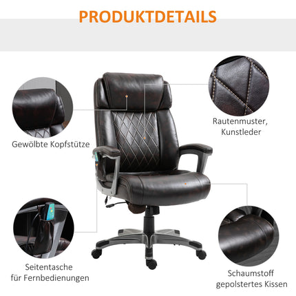 Biroja krēsls, grozāms, ar 6 masāžas punktiem, ergonomisks, ar izliektu galvas balstu un roku balstu, mākslīgā āda, brūns, 70 x 76,5 x 114-124 cm