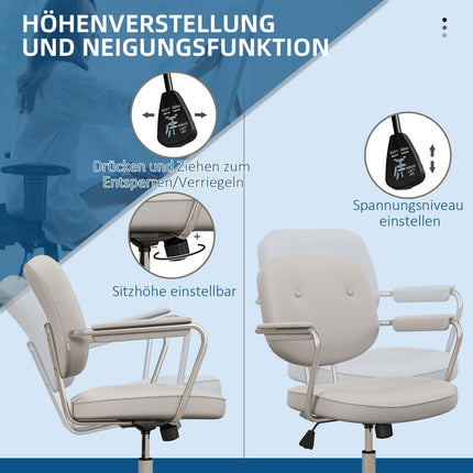 Biroja krēsls ar šūpošanās funkciju, rakstāmgalda krēsls ar mākslīgās ādas apdari, riteņi, 82-92 cm augstumā regulējams grozāmais krēsls, slodzes izturība līdz 120 kg, bēšs