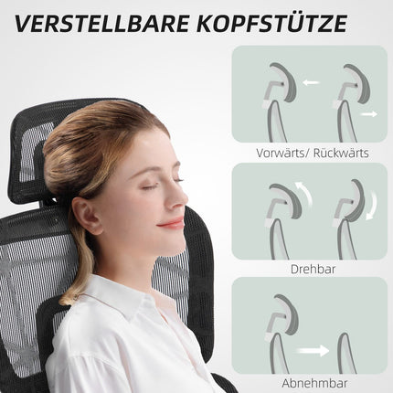 Biroja krēsls ergonomisks rakstāmgalda krēsls ar roku balstu, galvas balstu, jostasvietas atbalstu, augstumā regulējams sieta grozāmais krēsls ar šūpošanās funkciju, atgāšanās funkcija, kāju balsts melns