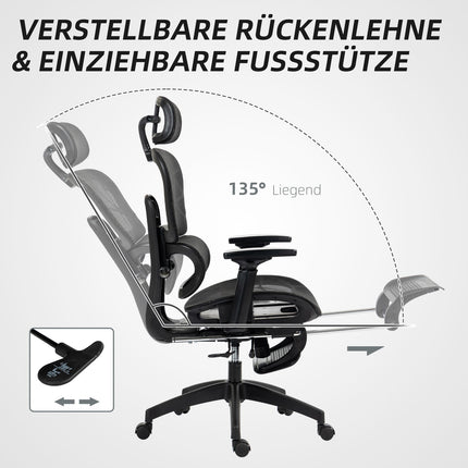 Biroja krēsls ergonomisks rakstāmgalda krēsls ar roku balstu, galvas balstu, jostasvietas atbalstu, augstumā regulējams sieta grozāmais krēsls ar šūpošanās funkciju, atgāšanās funkcija, kāju balsts melns