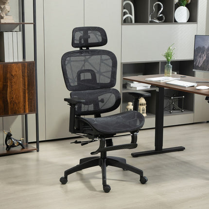 Biroja krēsls ergonomisks rakstāmgalda krēsls ar roku balstu, galvas balstu, jostasvietas atbalstu, augstumā regulējams sieta grozāmais krēsls ar šūpošanās funkciju, atgāšanās funkcija, kāju balsts melns