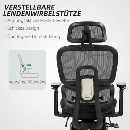 Biroja krēsls ergonomisks rakstāmgalda krēsls ar roku balstu, galvas balstu, jostasvietas atbalstu, augstumā regulējams sieta grozāmais krēsls ar šūpošanās funkciju, atgāšanās funkcija, kāju balsts melns