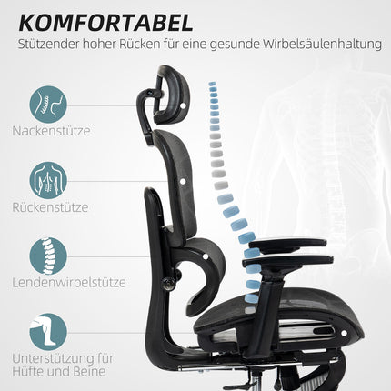 Biroja krēsls ergonomisks rakstāmgalda krēsls ar roku balstu, galvas balstu, jostasvietas atbalstu, augstumā regulējams sieta grozāmais krēsls ar šūpošanās funkciju, atgāšanās funkcija, kāju balsts melns