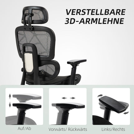 Biroja krēsls ergonomisks rakstāmgalda krēsls ar roku balstu, galvas balstu, jostasvietas atbalstu, augstumā regulējams sieta grozāmais krēsls ar šūpošanās funkciju, atgāšanās funkcija, kāju balsts melns