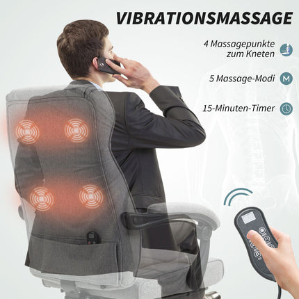 Biroja krēsls ar masāžas funkciju, ergonomisks vadītāja krēsls ar atgāšanas funkciju, kāju balsts, pelēks
