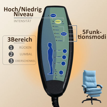 Biroja krēsls ar masāžas funkciju, ergonomisks rakstāmgalda krēsls ar atgāšanas un grozīšanas funkciju, augstumā regulējams datorkrēsls ar kāju balstu, tālvadības pulti un taimeri, zils