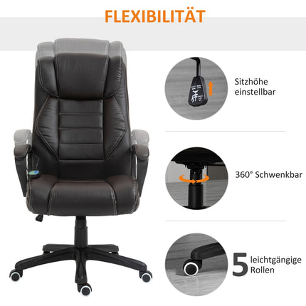 Biroja krēsls ar masāžas funkciju, augstumā regulējams vadītāja krēsls, ergonomisks grozāmais krēsls, 6 vibrācijas punkti, brūns